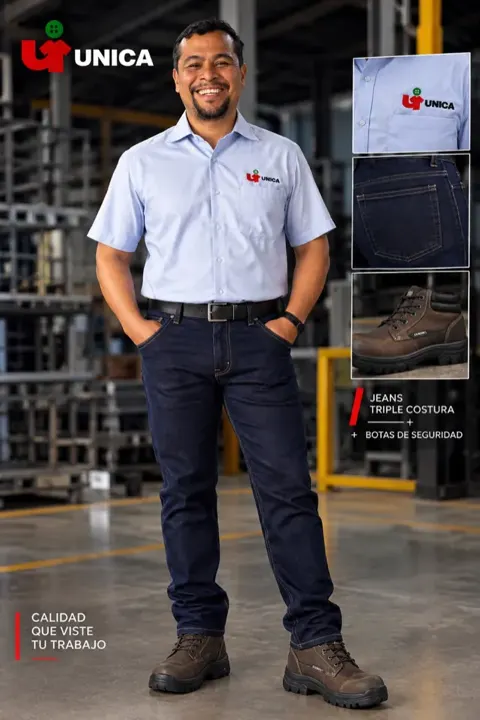 Jeans de triple costura y botas de seguridad